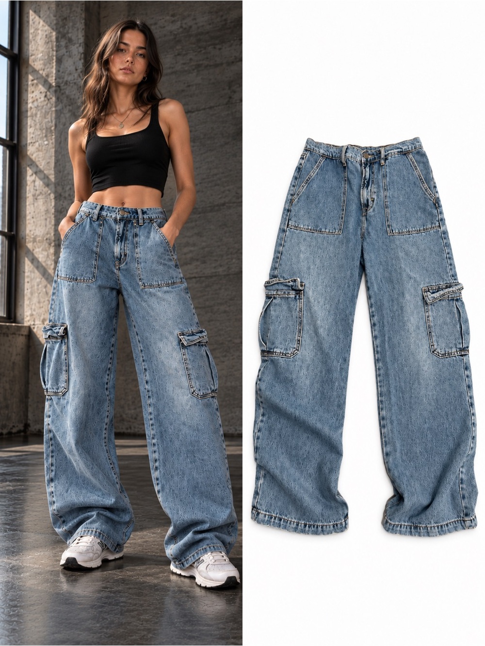 Hidden Jeans Logan Cargo Pocket Dad Jeans Size 28 Medium Wash Baggy Wide Leg Y2K